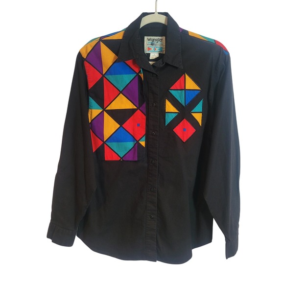 Wrangler Tops - Vintage Wrangler Womens Western Shirt Black Geometric Colorblock Cotton Large